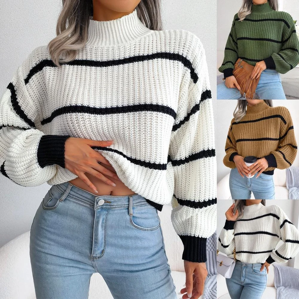 

Autumn Winter Casual Striped Lantern Sve f High Ne Knitted Sweater Cross-Border Women's Faion Long Sve ...