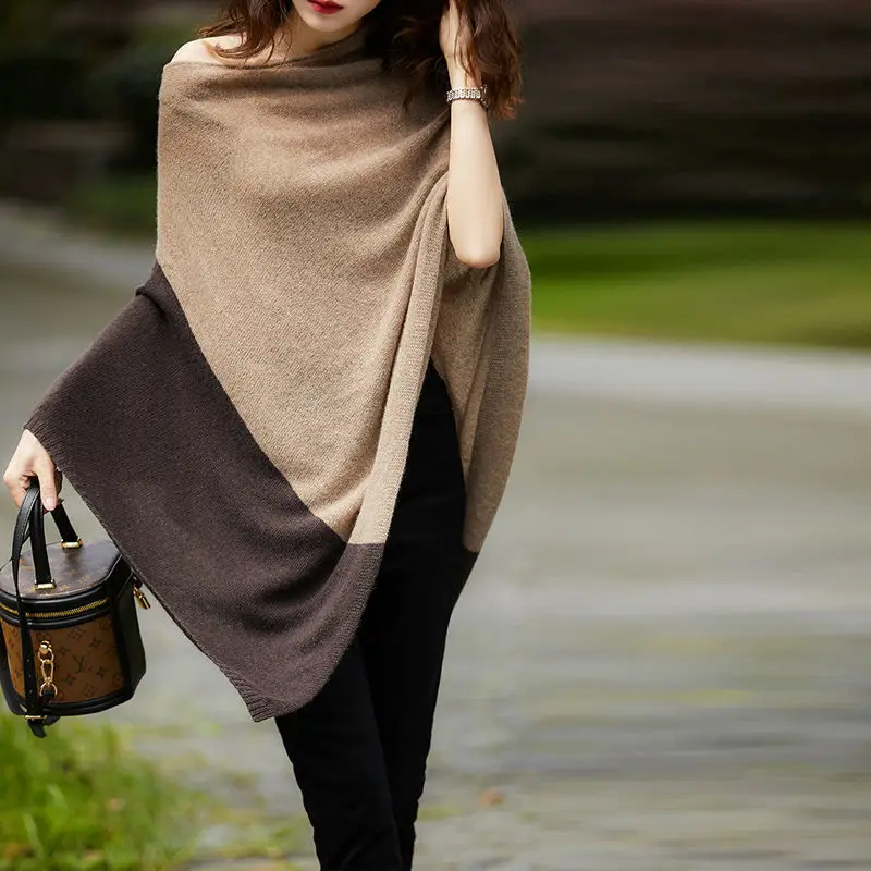 Spring and Autumn Women The Hood Semi-turtleneck Long Sleeves Color Matching Loose Knitted Outside Fashion Casual Shawl Coat