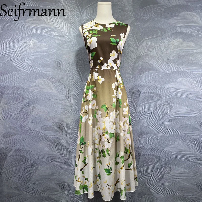 

Seifrmann Printing Design Dresses For Women Sleeveless High Waist Elegant Cotton Dress Spring Summer 2025 New