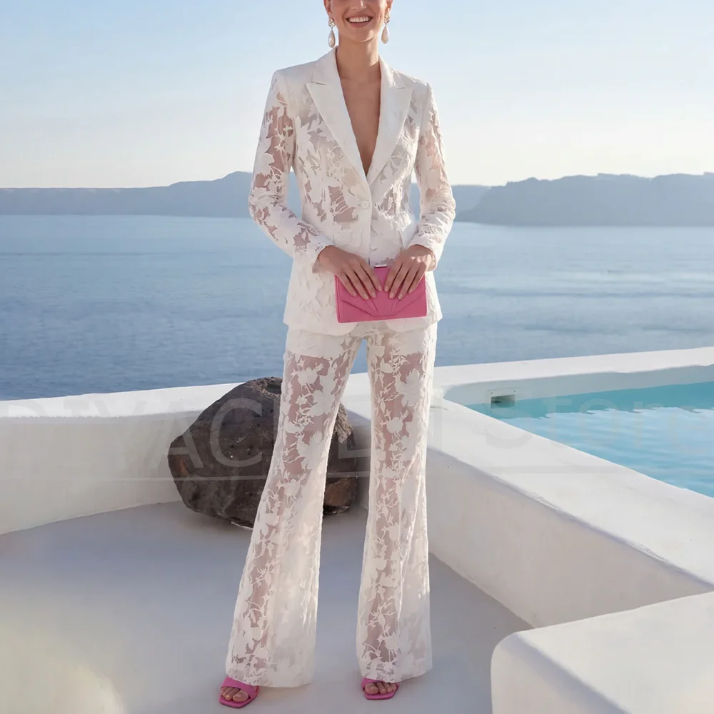 White Floral Lace Women Suit Fashion Blazer and Pants Elegant Formal Wedding Evening Party Cocktail Luxury Two Piece Outfit