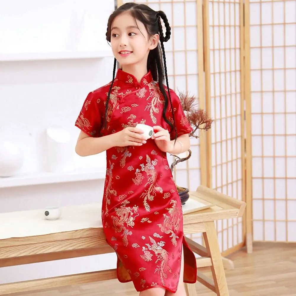 Girl Gift Niche Design Silk Summer Comfortable Kids Traditional Dress Qipao Girls Skirt Chinese Style Dress Girls Cheongsam