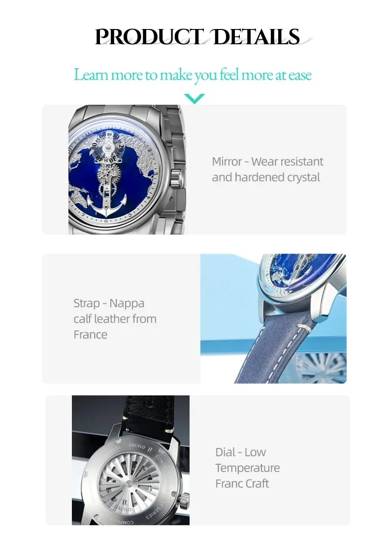 ساعة OBLVLO الأوتوماتيكية للرجال ، ساعة يد ميكانيكية ، ياقوت مقاوم للماء ، خريطة ملاحة ، قرص كلاسيكي ، 42