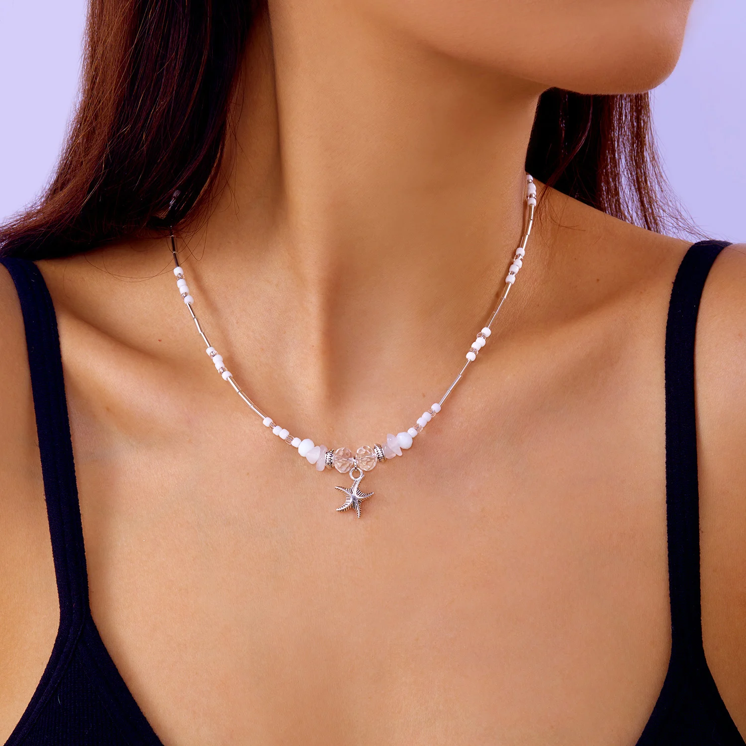 Elegant White Beads Starfish Necklace for Women Handmade Crushed Stone Choker Necklace Summer Beach Party Jewelry Accessories