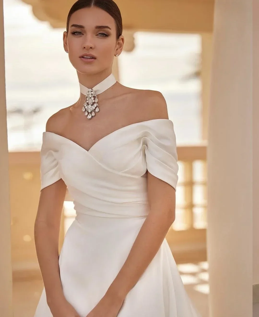 Customized Simple Satin V Neck Wedding Dress A-Line Off The Shoulder For Women Elegant Bridal Gown Robe De Marie