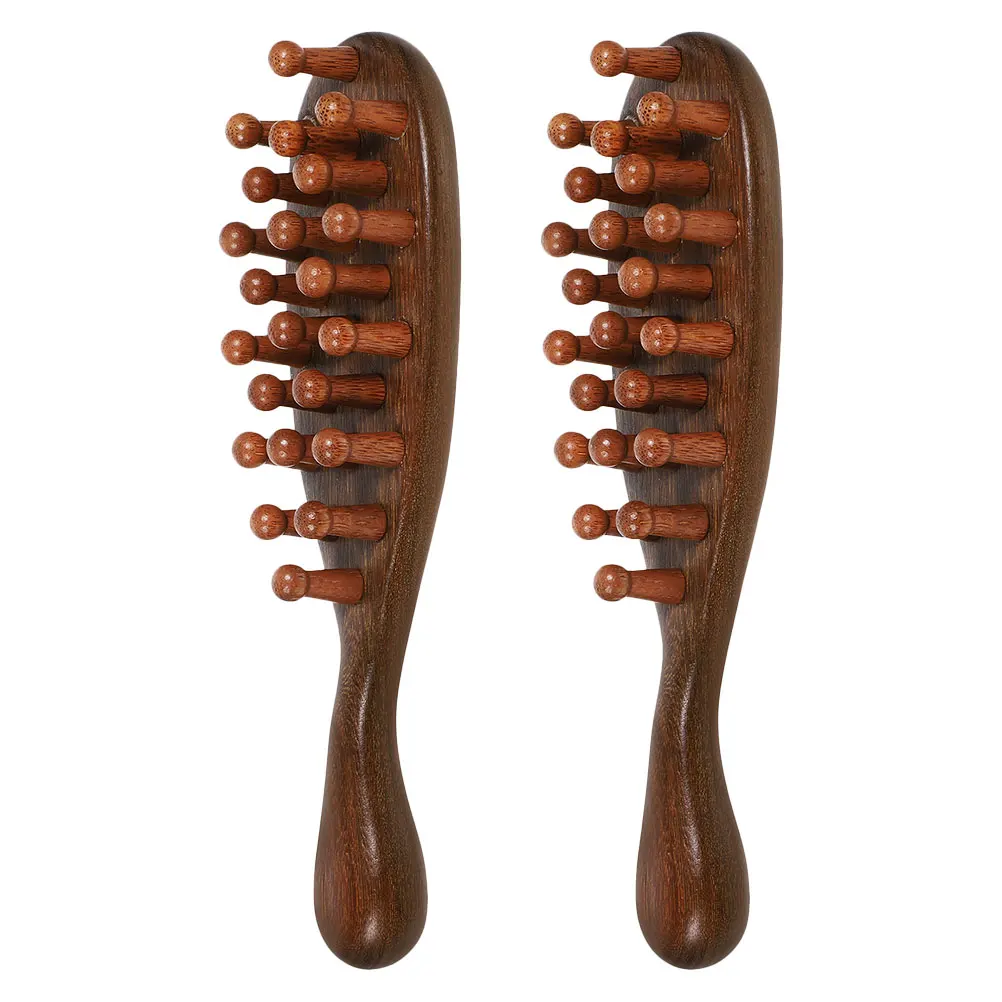 

2pcs Wooden Scalp Massage Comb Fine Teeth Ergonomic Wide Tooth Hair Detangler For Travel Multifunctional Head