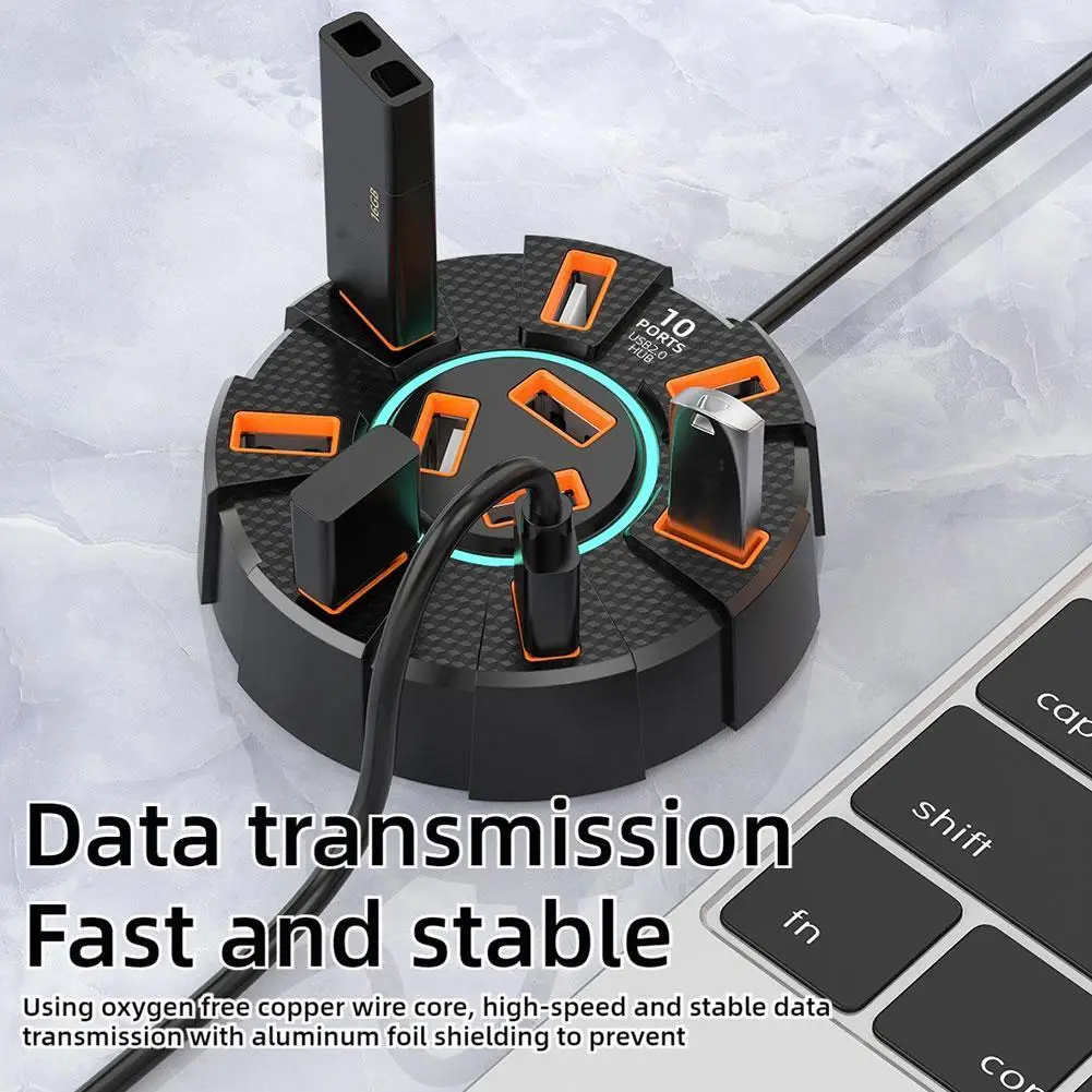 Multi-Functional 10-Port USB 2.0 Hub - 5Gbps Speed, Power Adapter, and 7-Port Expander for Enhanced Connectivity