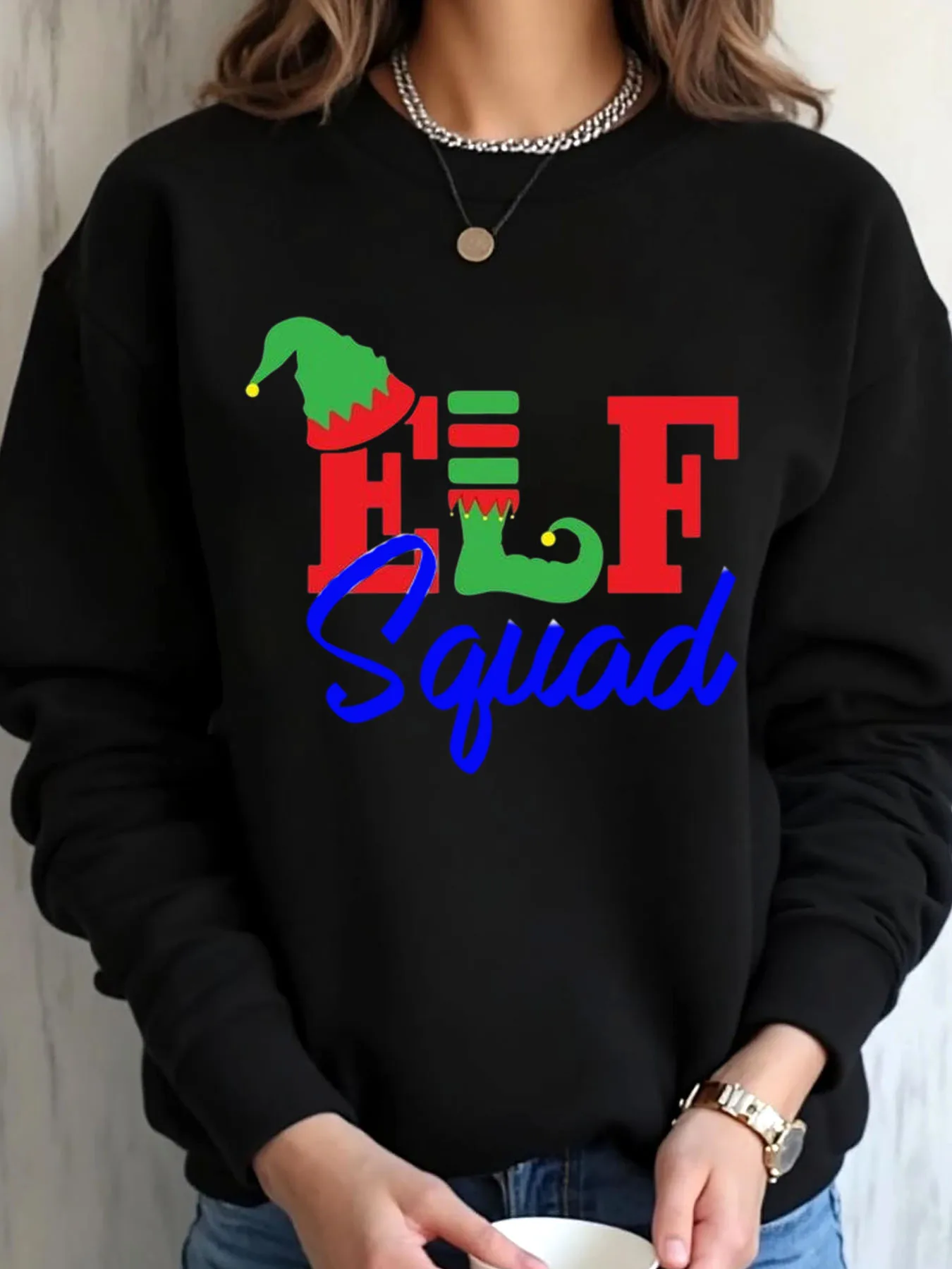 

Women Oversized Sweatshirt Christmas Elf Squad Print Outdoor Wear