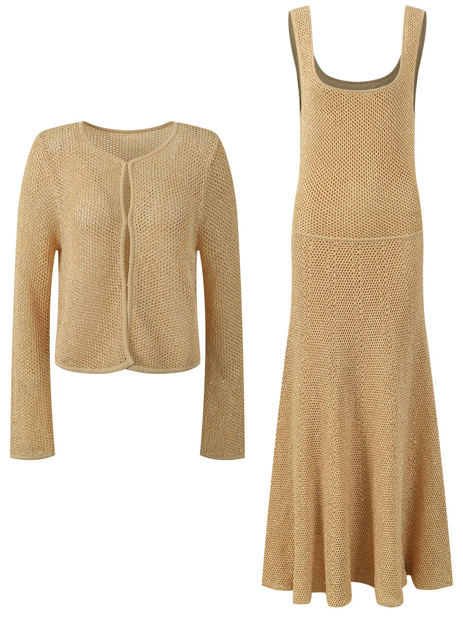  Heavy Embellished Hollow out Knitted Cardigan And Strap Long Dress Two Piece Set High End Version European Style