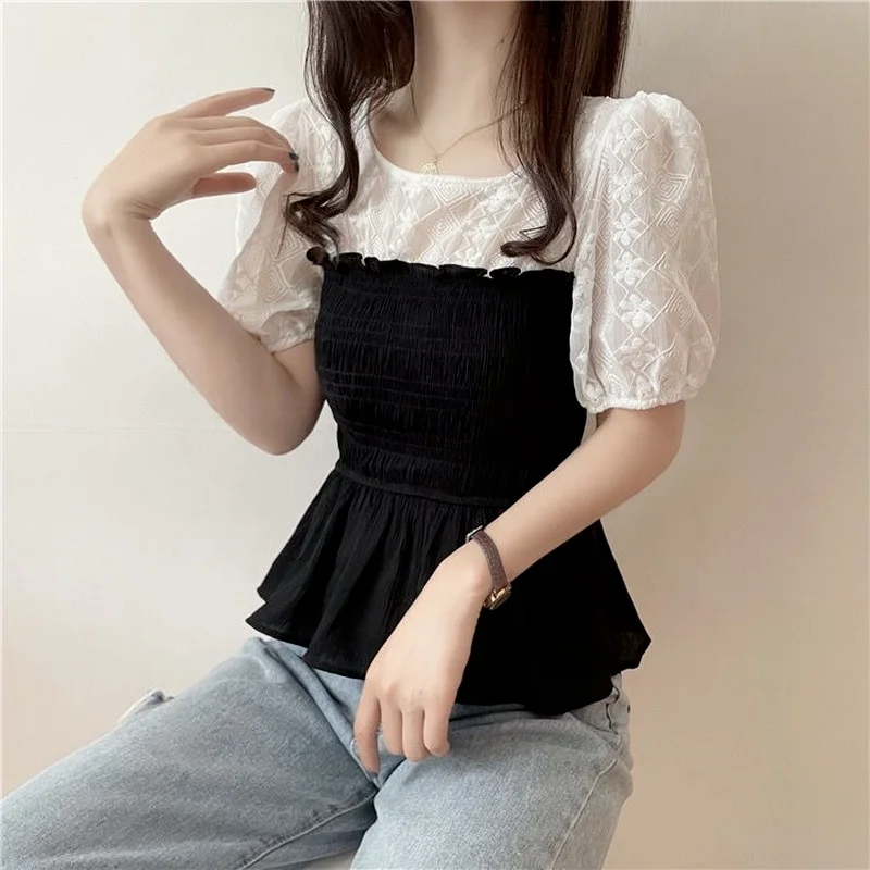 Blouses Women Short Puff-sleeve All-match Summer Fake-two Lace O-neck Camisa De Gasa Polka Dot Tops Mujer Tender Female Shirts