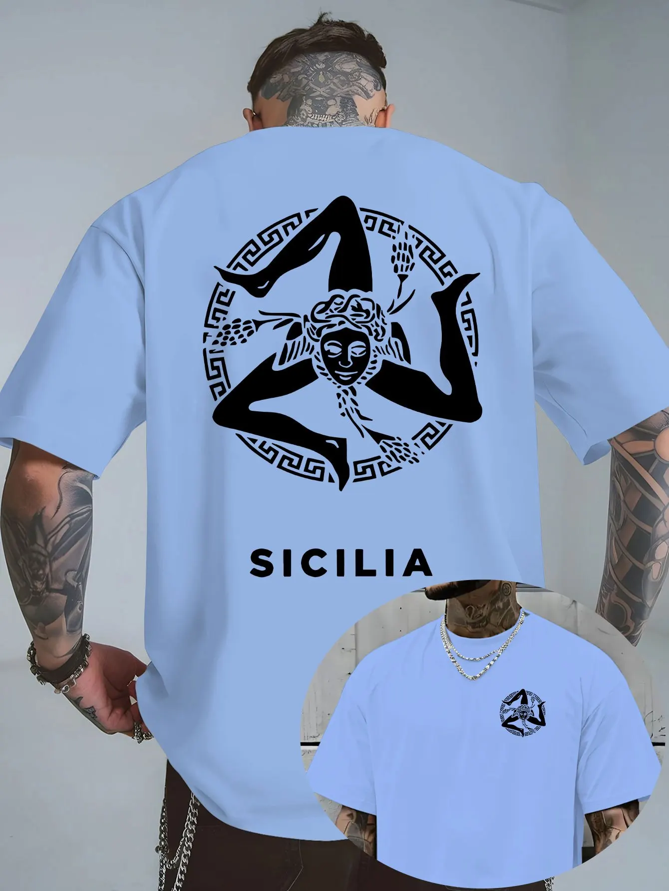 Vintage Sicilia Trinacria Symbol Grafik-T-Shirt für Herren Atmungsaktiv 100% Baumwolle Perfekt für Sommer-Streetwear und Italienische Kultur-Atmosphäre – Detail 3