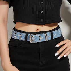 Punk Star Eyelet Denim Fabric Belts For Women High Quality Luxury Brand Unisex Jeans Retro Goth Belt Blue Waistband