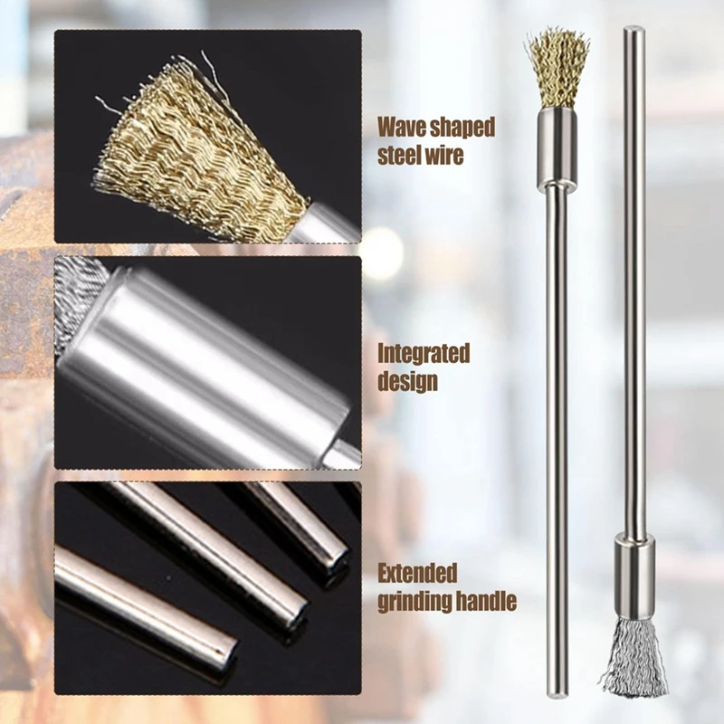 Extended Steel Wire Brush Kit, End Brushes Set Kit, Rust Pen, 3mm Mandril, Rust Paint Removal, 40 Pcs