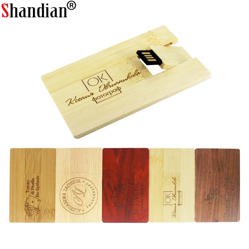 SHANDIAN-pendrive de madera de bambú y Redwood, modelo de tarjeta, unidad flash usb, 4GB, 16GB, 32GB, 64GB, logotipo personalizado gratis