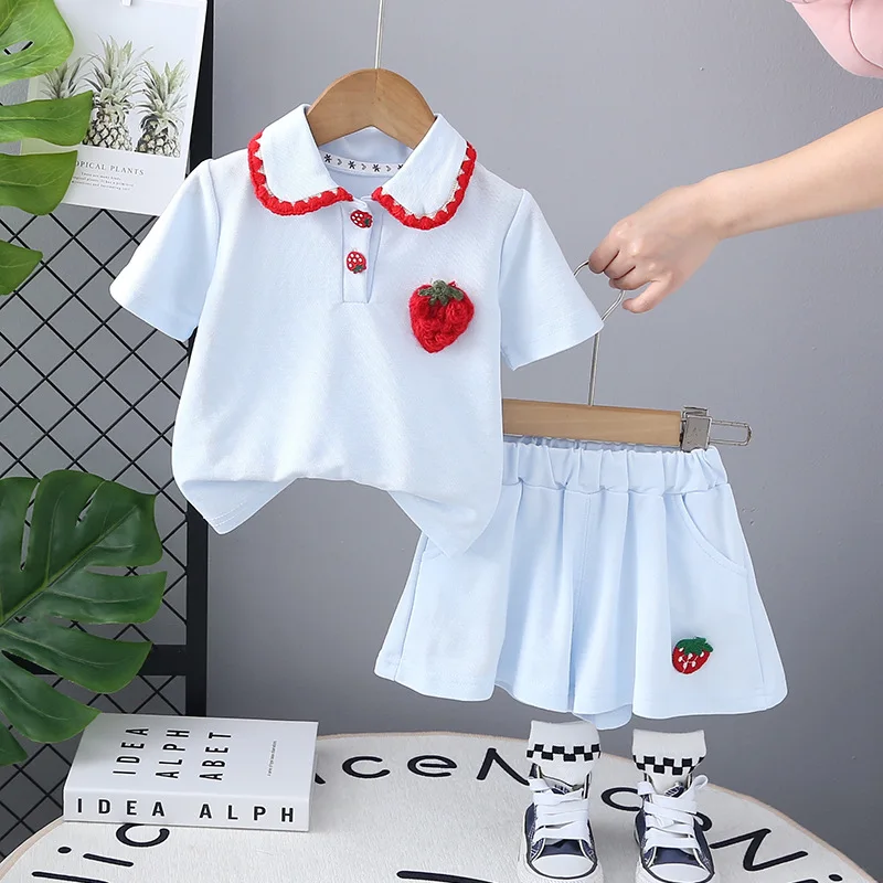 Western Baby Girl Outfits 2025 New Summer Clothes for Girls Korean Fashion Strawberry Short Sleeve T-shirts and Shorts Kids Sets