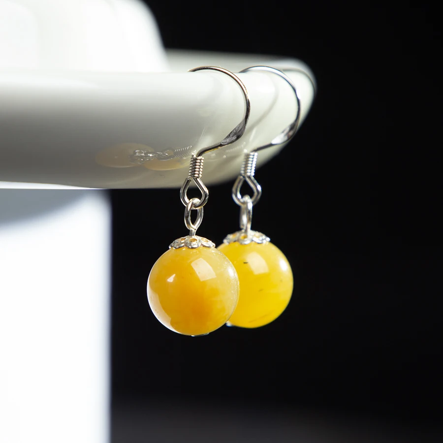 

TIMESWIND Simple Natural Xinjiang Jade Yellow Round Bead S925 Women Earring with Certificate