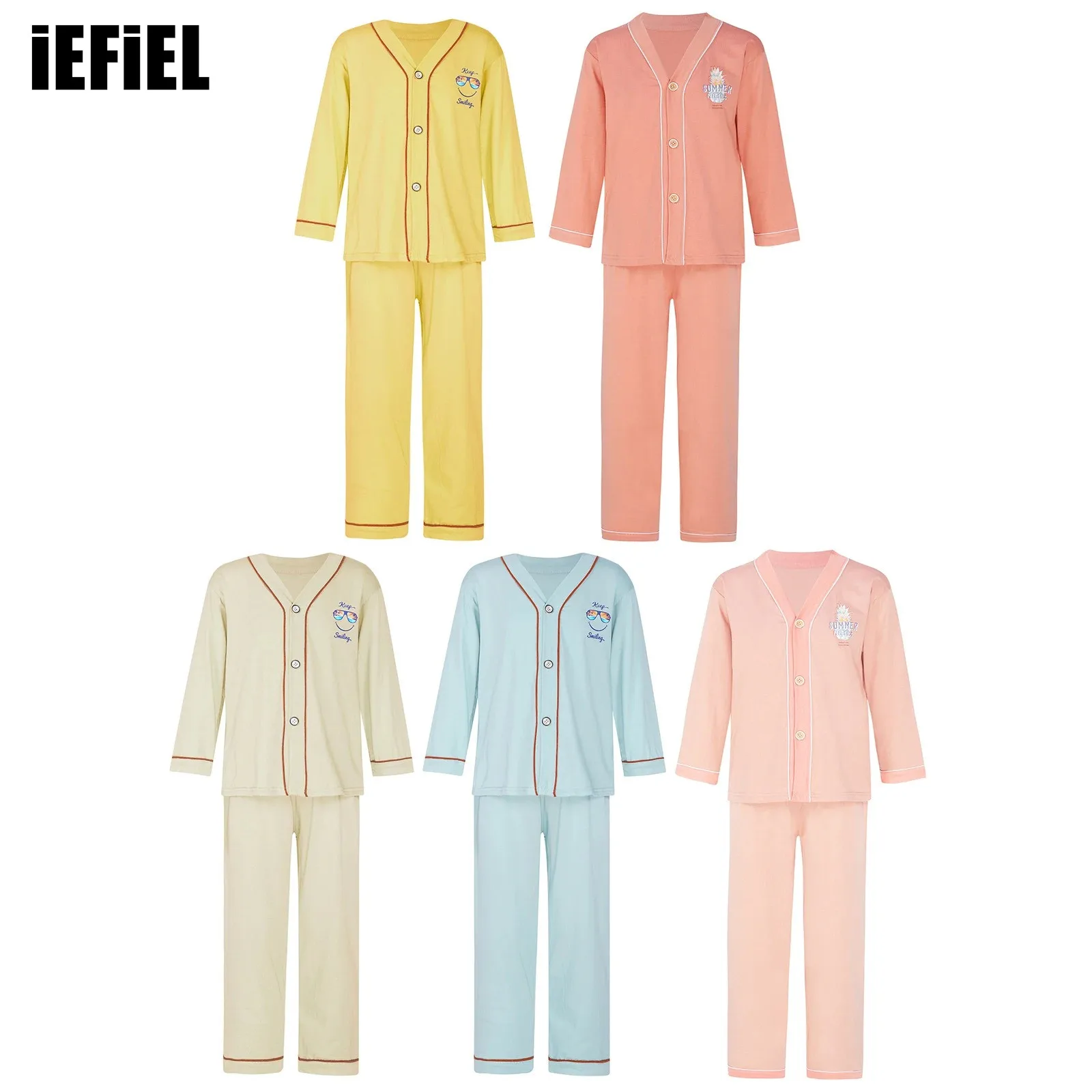 

Kids Girls Boys Pajama Set Loungewear Homewear V Neck Long Sleeve Button Down Tops with Elastic Waistband Pants