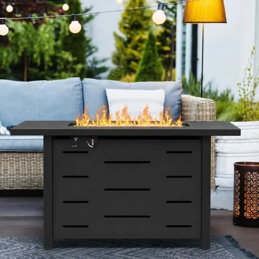 Propane Fire Pit Table for Patio Backyard, Steel, Black, 50, 000 BTU Smokeless Flame with Lid Lava Rocks