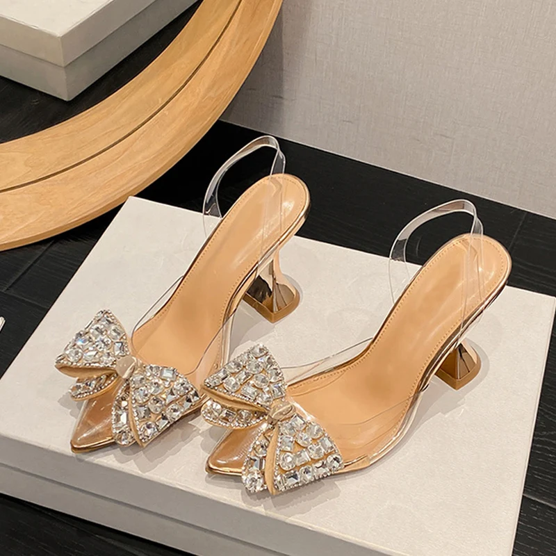 Liyke PVC Transparent Women Pumps Sexy Crystal Bowknot Pointed Toe Slingback High Heels Mules Sandal Female Wedding Prom Shoes