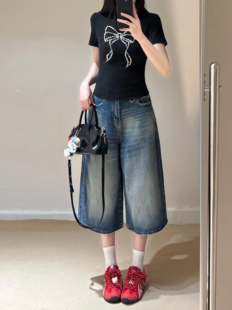 

Washed Denim High Waist Wide Leg Jeans Women's Summer Loose Fit Lazy Style Seven-Foot Pants Girl's Fashion Straight Cut