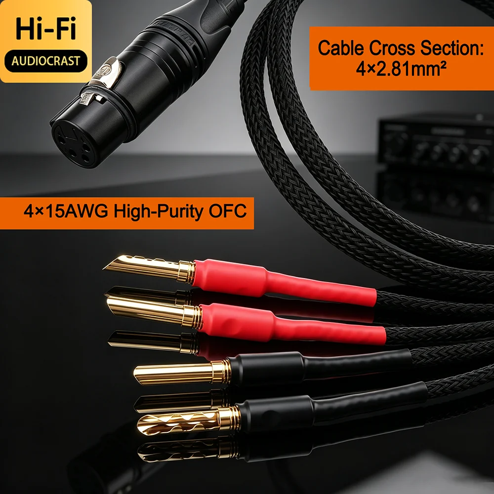 Audiocrast 4x15AWG OFC HiFi Speaker Cable XLR Female to Banana Y Spade Plugs, Amplifier Speaker Connection Audio Wire