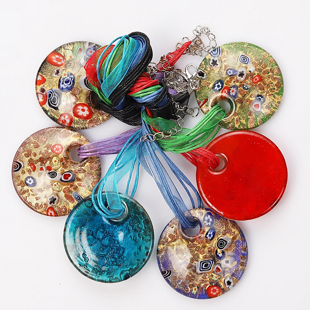 Hot Wholesale 6Pcs Handmade Murano Lampwork Glass Mixed Colorful Round Millefiori Pendants Charms Necklaces