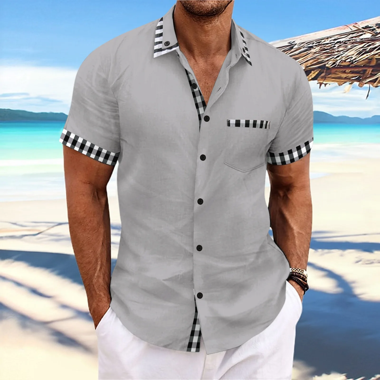 

Casual Summer Men's Fashion Plaid Patchwork Lapel Pocket Casual Beach Style Short Sleeve Comfortable Academy Mature Type Shirt