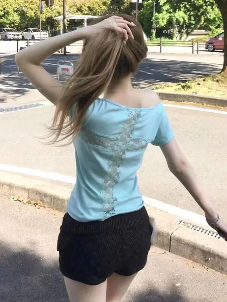 American Style Spicy Girl Y2k Mint Green T-shirt One Shoulder Sexy Studded Hollow Lace Cross Design Slim Fit Short Sleeve Tops