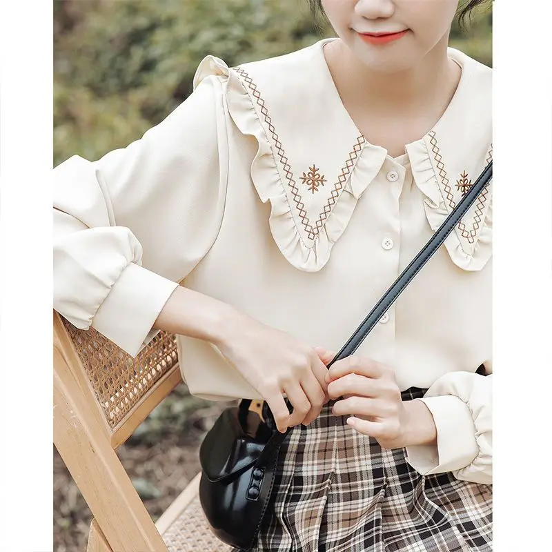 Long Sleeves Embroidered Doll Collar Shirt for Women\'s Spring Autumn Japanese Style Loose Casual Sweet Versatile Chic Shirt Top