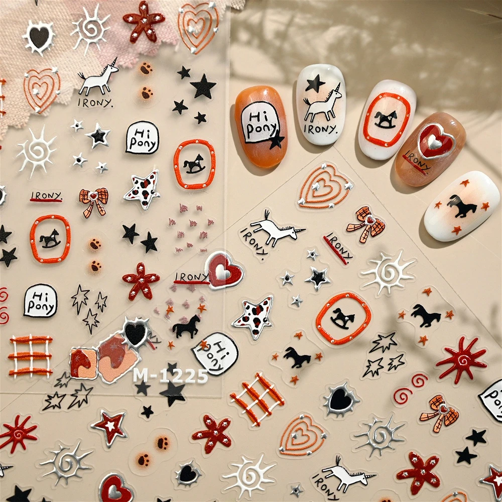 

Retro Lovely Graffit Pony Flower Bowknot Love Stars Sun Silver Stamped 3D Self Adhesive Nail Art Stickers Cute Manicure Decals