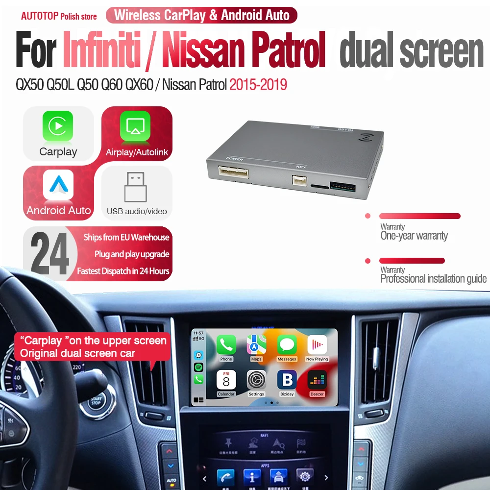 Bezprzewodowy interfejs AUTOTOP CarPlay Android Auto do modernizacji Infiniti QX50 Q50L Q50 Q60 QX60 Nissan Patrol, moduł Mirror Link