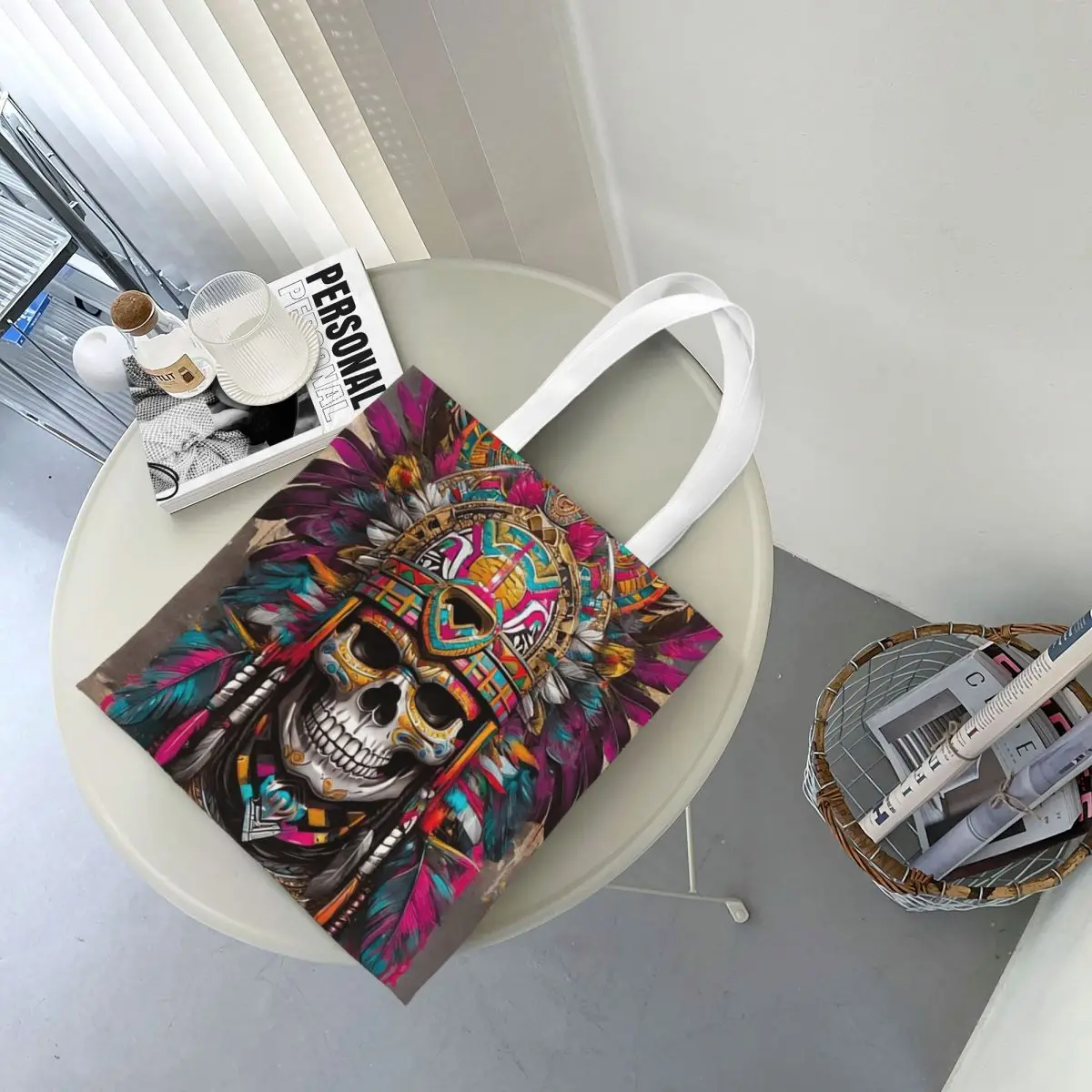 Aztec Skull Headress Shopping Bags Canvas The Tote Bag Folding for Ladies Shoulder Tote Travel Handbag