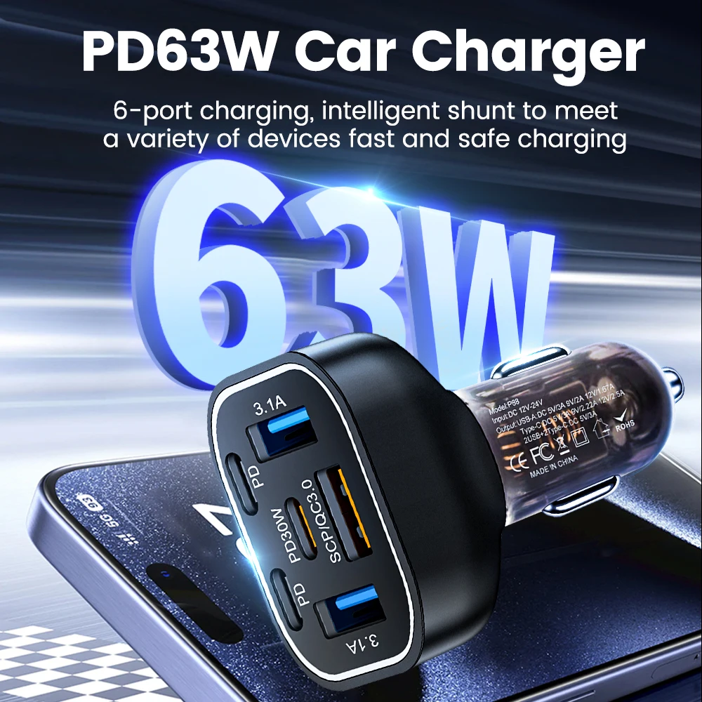 63W USB Car Charger Lighter Fast Charging QC3.0 for iPhone 6 Ports PD 3.0 Type C Car Phone Charger for Xiaomi Samsung Huawei