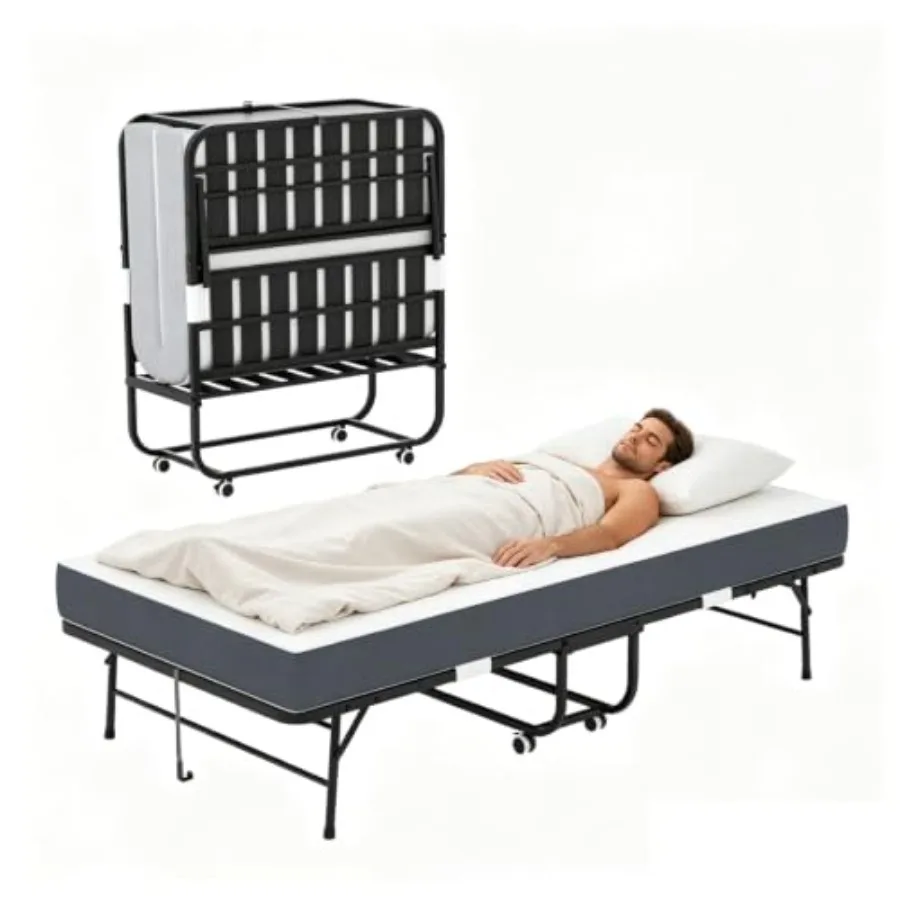 75x38 Folding Bed with Built-in Mattress for Guest Room, Camping Small Spaces Compact Portable Bed in Neutral Gray with Heavy-D