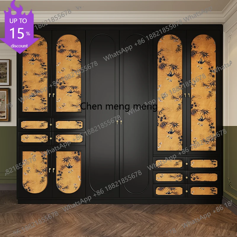 Armario de Madera M178 Estilo Francés, Armario de Dormitorio Negro, Armarios Sencillos, Organizador de Almacenamiento, Armario Abierto para Ropa, Muebles para el Hogar