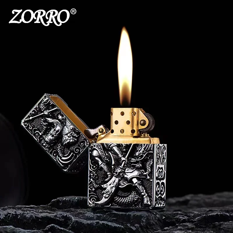 ZORRO Pure Copper Heavy Armor Five Faced Embossed Kerosene Lighter Classic Grinding Wheel Ignition Lighters Smoking Accessories