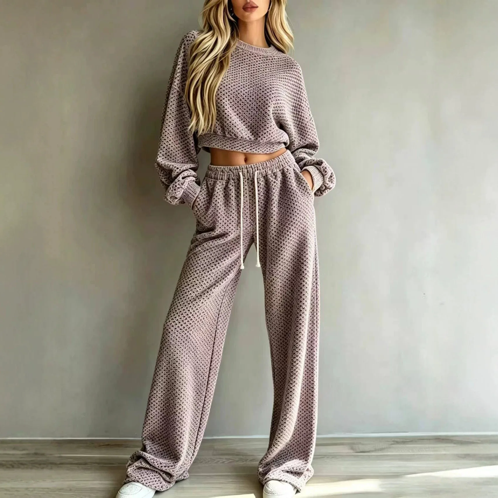 Casual Fashion Crop Top Drawstring Wide Leg Pants 2Piece Set Autumn Winter Long Sleeve Textured Loungewear Women Outfit