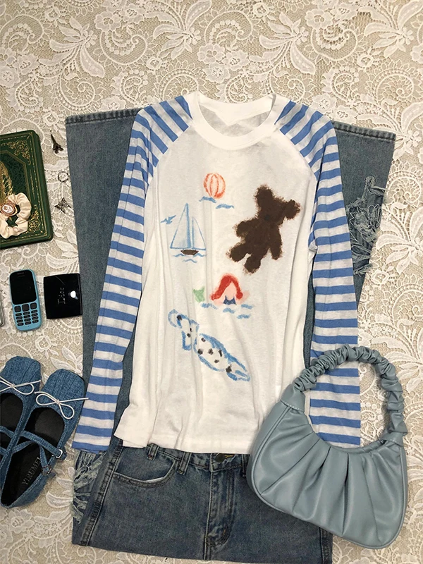 

Оригинальная длинная футболка в синюю полоску, винтажная круглая футболка Ne Design, корейский свободный крой, хлопковый летний топ с креативным принтом