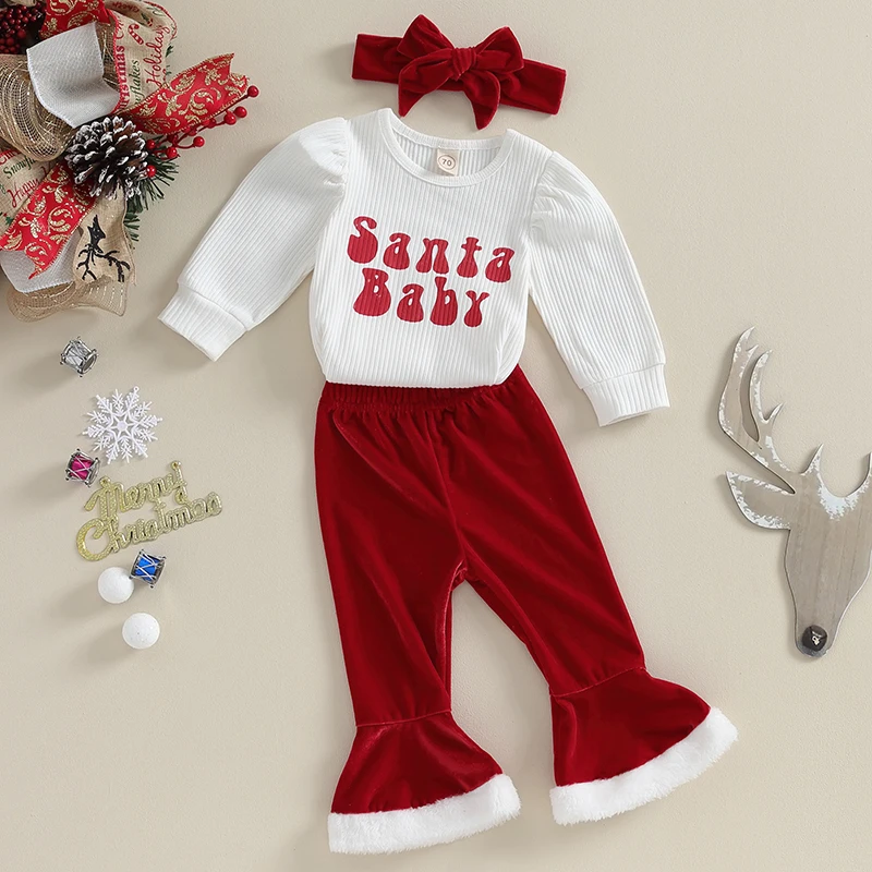 Cute Baby Girl Winter Outfit Set with Letter Print Romper Velvet Flare Pants Long Puff Sleeve and Headband for Christmas