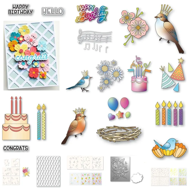 Nido pájaro azul príncipe pastel feliz cumpleaños globos troqueles de corte de Metal sellos de silicona plantilla para álbum de recortes tarjeta de álbum de fotos DIY