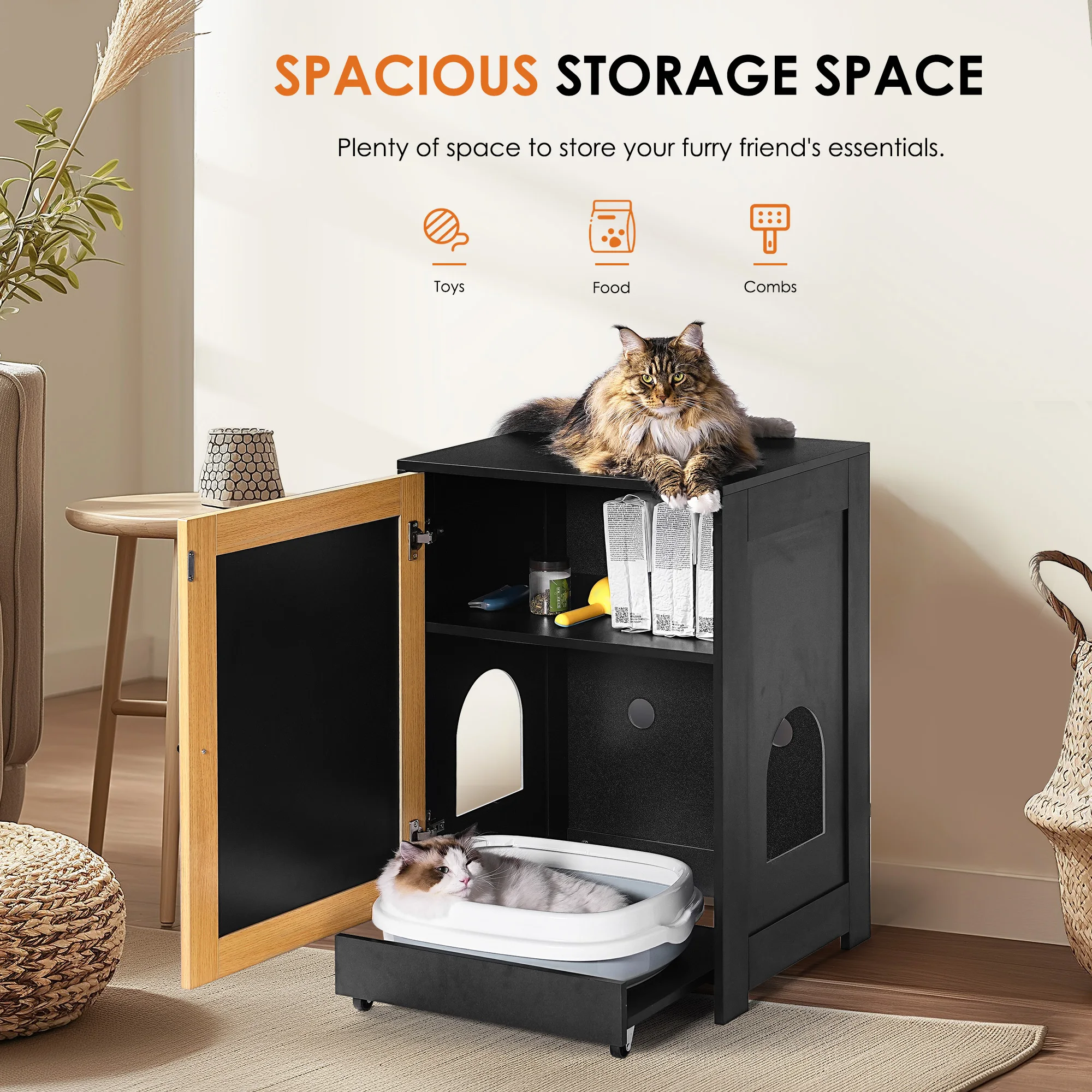 Black Cat Litter Box Enclosure, Hidden Litter Cabinet with Sisal Door, Multi-Functional Kitty End Table