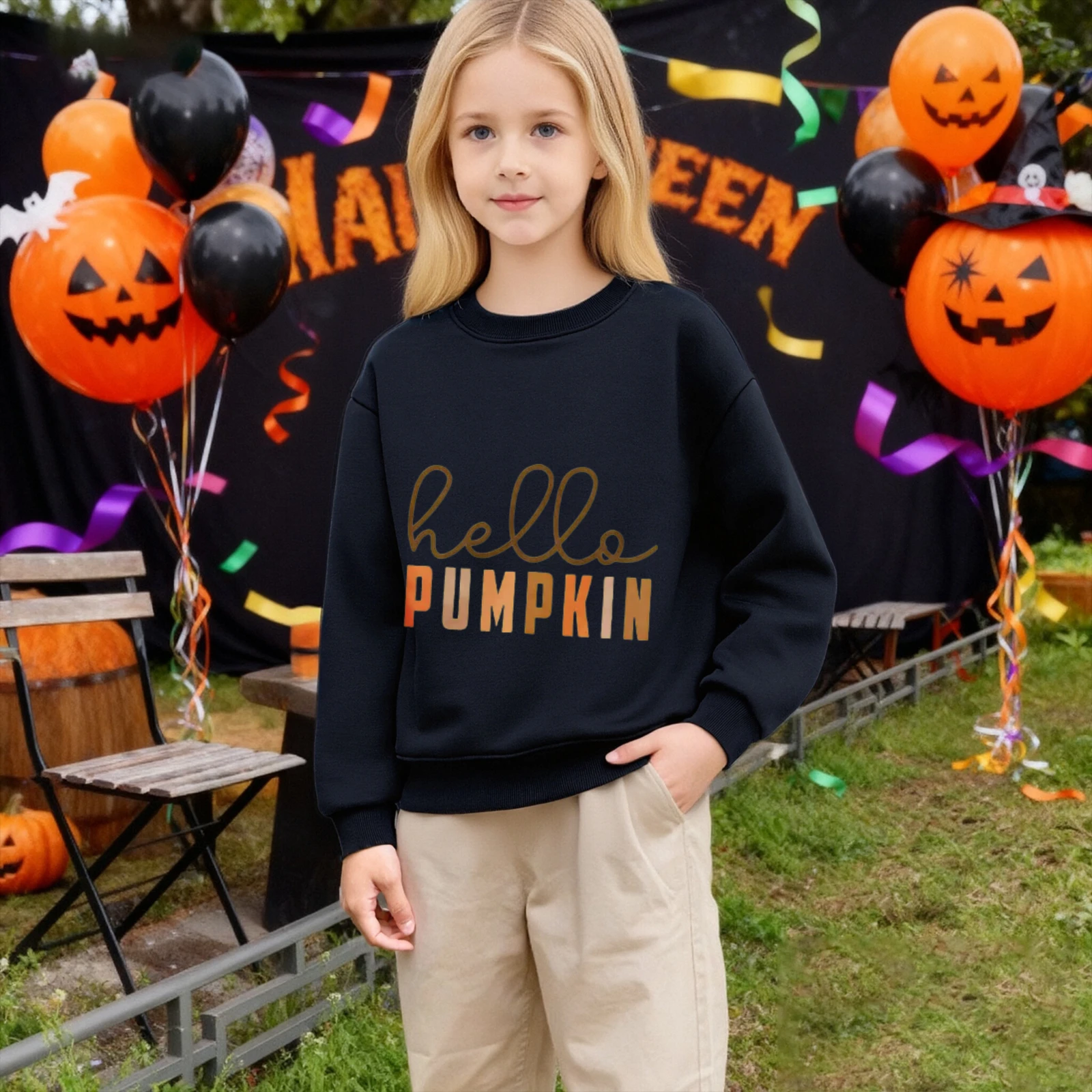 سويت شيرت للأطفال برقبة دائرية - بلوفر أبيض عصري "Hello Pumpkin" لموسم الخريف والخريف