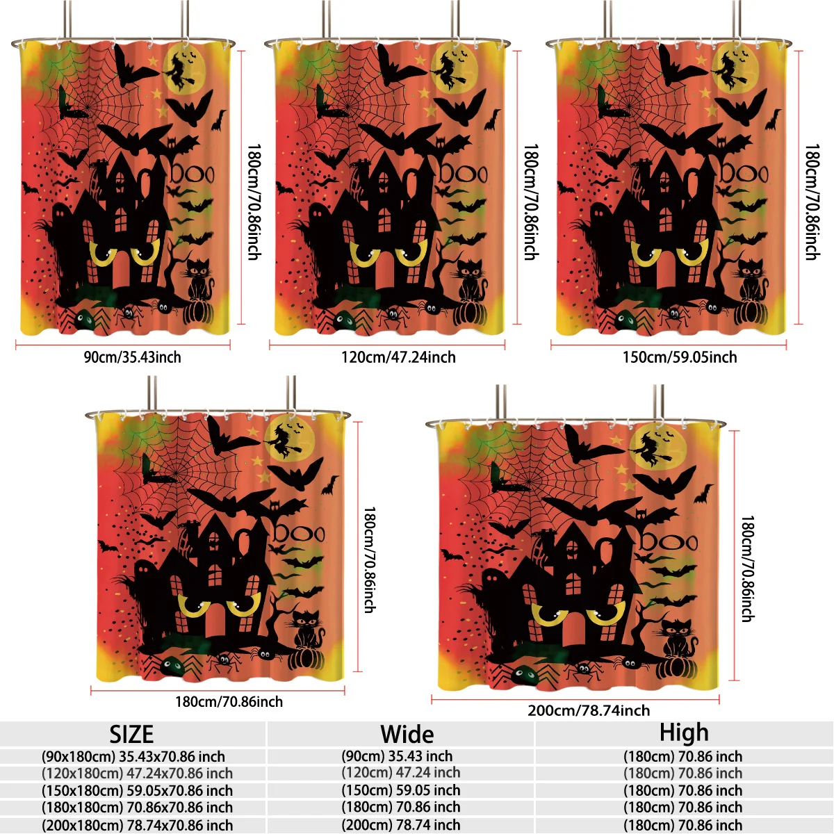 Funny Halloween Night Illustration Creepy Castle House Bats Witch Silhouette Black Cat Spiders Boo Word Gradient Orange‑Green