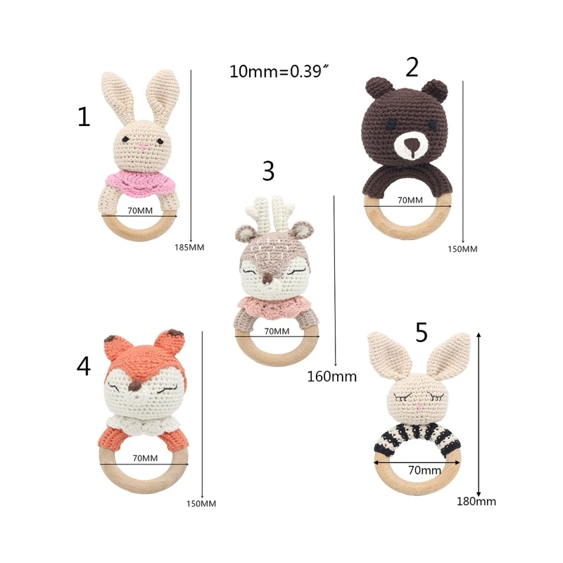 Baby Teether แหวนไม้ Handmade BPA ฟรีเคี้ยวของเล่นฟันด้ายฝ้ายโครเชต์สัตว์ Rattle ถักมือ W3JF