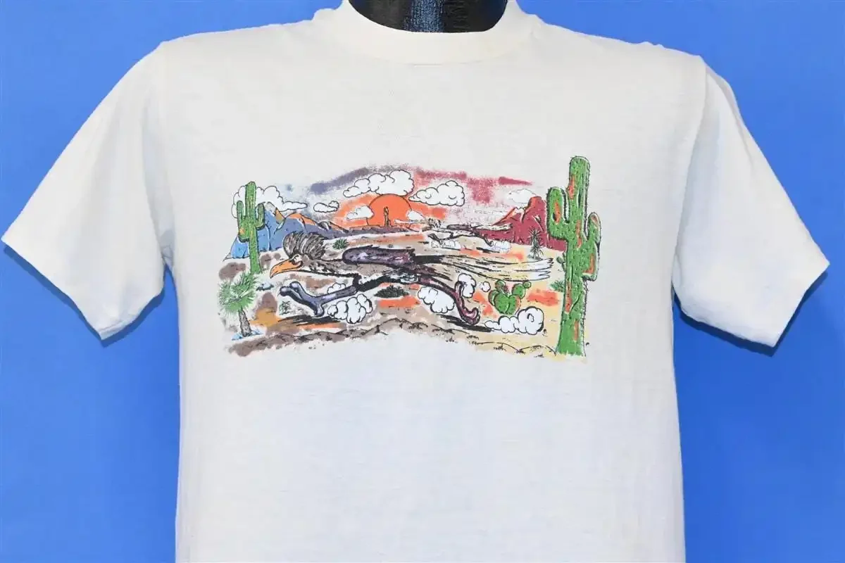 70s Roadrunner Sonora Desert Sunset Saguaro Cactus Double Sided Cartoon T Shirt Medium