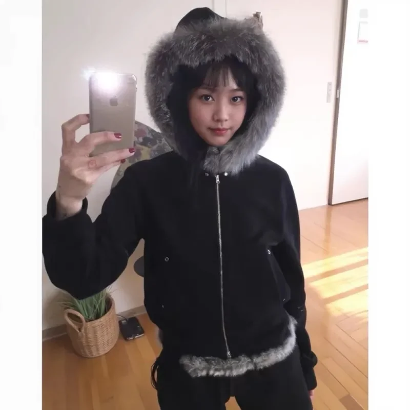 Korean Street Black Zip Up Fur Patchwork Hoodies Fashion Design Sense Warm Autumn\winter Necessary Sweatshirts Y2k Hoodies