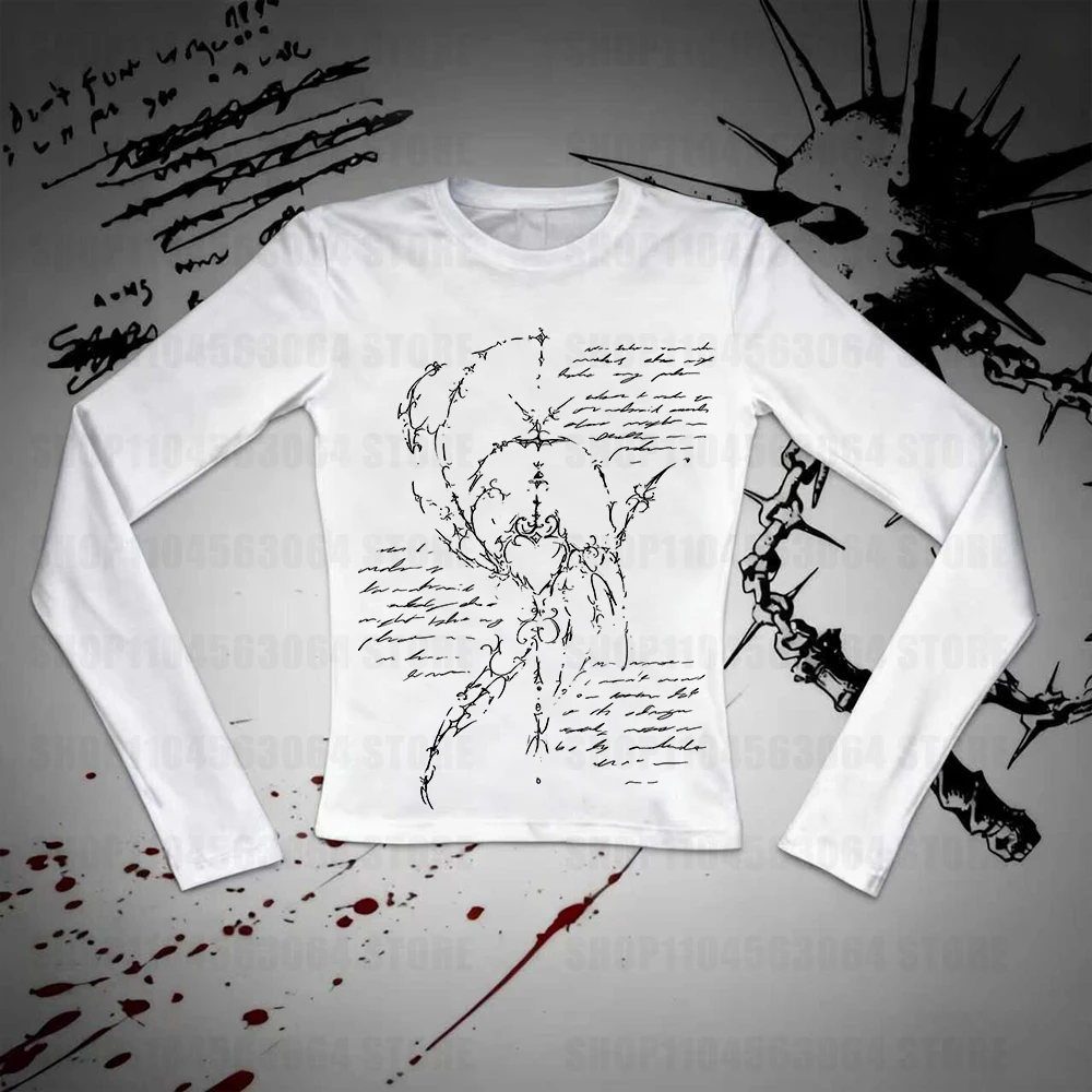 Y2K Dark Academia Long Sleeve T Shirt Women Japanese School Girl Gun Photo Print Top Harajuku Grunge Aesthetic Slim Fit Streetwe