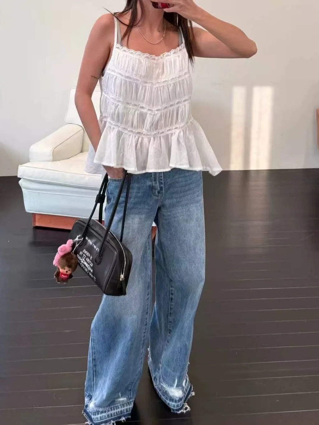 

Chic Lace Trim Belted Short Crop Top Women's Slim Fit Sweet Pleated Design Fashionable Outerwear Polyester Fabric Summer 2026