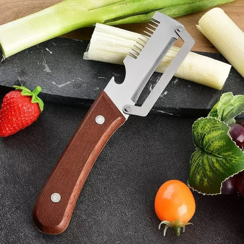 3 In 1 Wooden Handle Stainless Steel Peeler, Multifunctional Fruit Vegetable Sugarcane Scallion Peeling Slicer Kitchen Tool