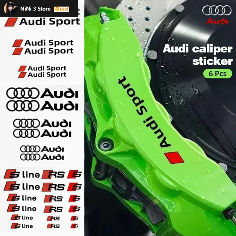 6 szt. naklejek na zaciski hamulcowe do Audi Sline A3 A4 A5 A6 A7 A8 Q3 Q5 Q7 A8L S6 S7 S3 Q2L Q5L, odporne na wysokie temperatury i wodę.