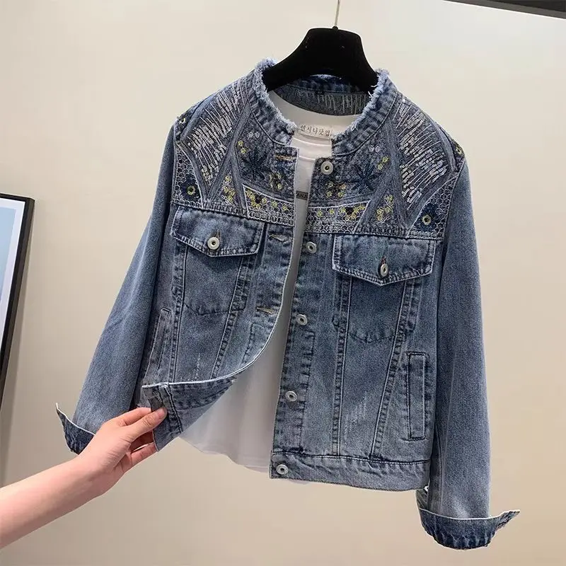 Female Xiaoxiangfeng beaded denim jacket retro sequined embroidered top fur collar jacket women ropa mujer
